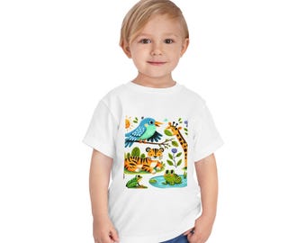 Camiseta infantil con estampado de animales coloridos, diseño de vida silvestre, camiseta de algodón