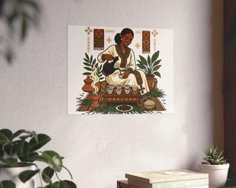 Póster de la ceremonia del café etíope, acabado mate horizontal / Arte mural sobre el ritual cultural del café