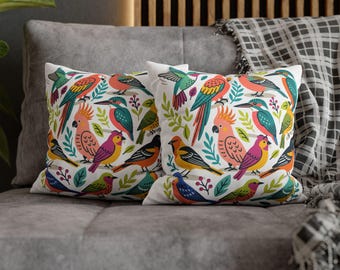 Funda de almohada con coloridos pájaros tropicales / Cojín cuadrado de arte popular moderno