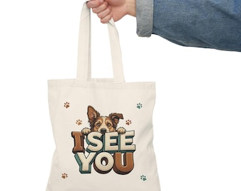 Bolso de tela con ilustración de perro "Te veo" / Bolso de lona con estampado de patita adorable