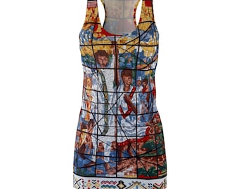 Vestido con estampado de vidrieras etíopes y escena de coro, espalda deportiva, estampado integral.