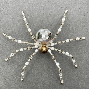 Mosaic Mother of Pearl Handcrafted Beaded Spider, Gold, White & Abalone, Czech Glass Home Decor, Artistic Beaded Gift, 4.4 Inch