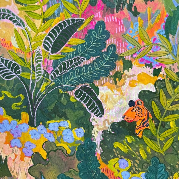 Jungle Lurker | gouache art print | tropical art | living room art | animal decor | colorful art print | folk art print | funky art | tiger