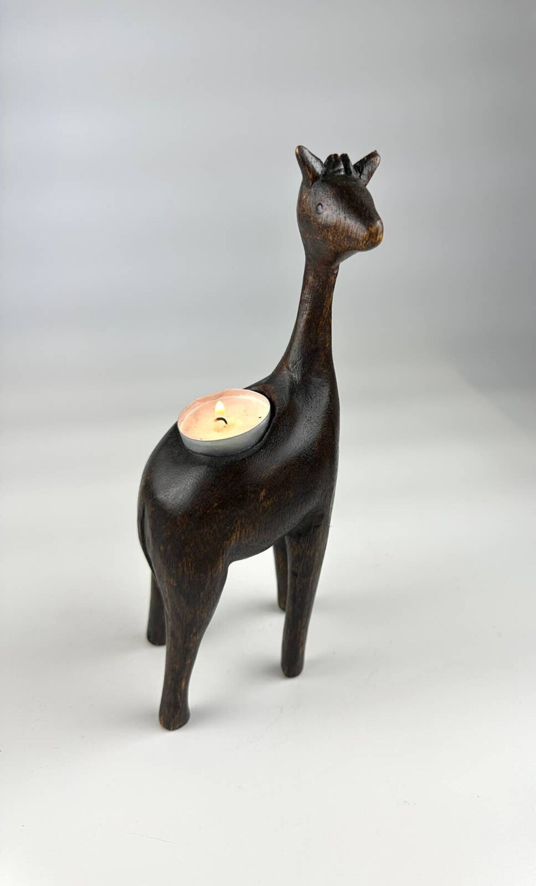 Dark Wood Giraffe Candle Holder Statue Folk Art Rustic Carved 10 Tall