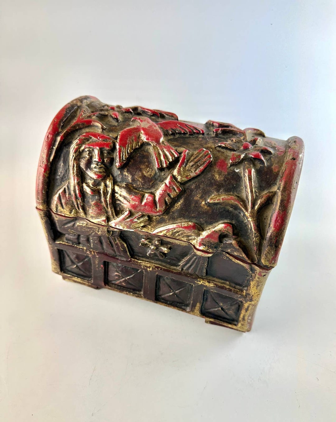 Vintage Wooden Treasure Chest Dresser Box Person and Birds Etsy