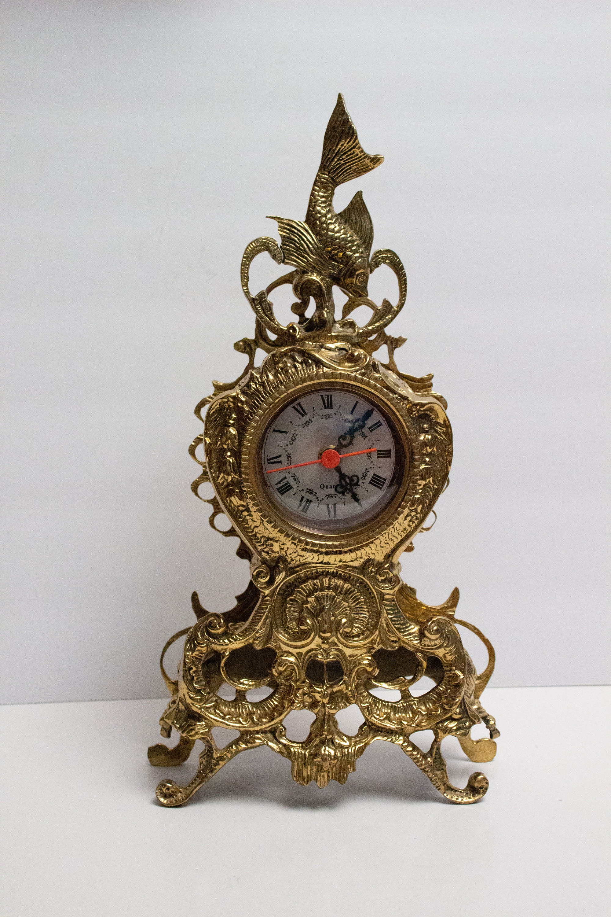 Vintage Solid Brass Mantel Clock Fish Jumping Ornament Etsy