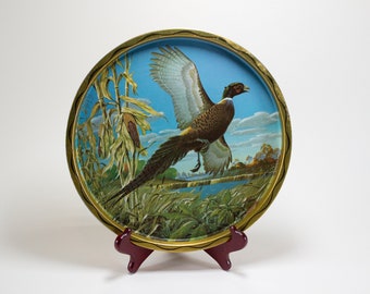 Vintage Barware Metal Serving Tray Pheasant Birds James L Artig Gold 1960s