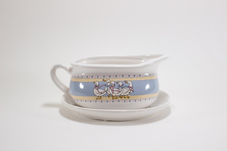 Vintage Ribbon Goose Geese Gravy Boat and Plate image 1