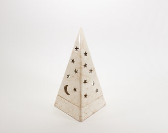 Vintage Partylite Galaxy Tealight Holder, Celestial Ceramic Pyramid, Stars and Crescent Moon