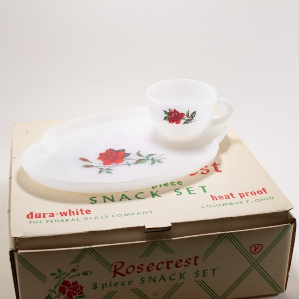 Vintage Complete 8pc Snack Set RoseCrest Federal Glass Company in Original Box