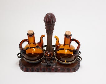 Vintage Amber Glass Oil and Vinegar Bottles with Metal and Wood Caddy Made in Spain Oil & Vinegar Cruet