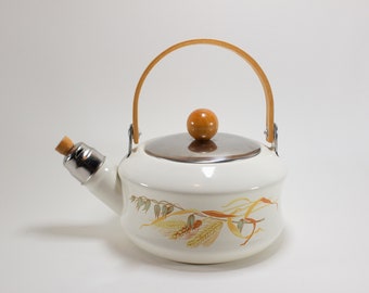 Vintage Enamel Bamboo Wood Tea Coffee Kettle Wheat National Housewares