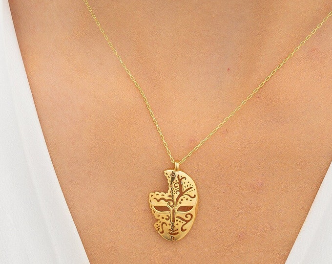 Masquerade Mask Necklace 14K Gold, Venetian Mask Pendant, Theater Lover Gift, Drama Teacher Gift, Mardi Gras Necklace, Theatre Jewelry