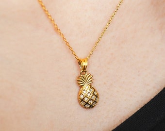 Collana di ananas • Ciondolo di ananas • Collana di frutta • Ciondolo di frutta • Collana tropicale • Argento 925 • Placcato oro 14K • Regalo per lei