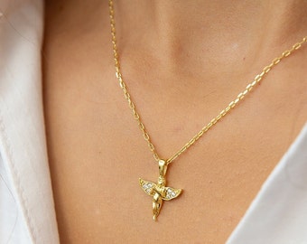 14Kゴールドメッキエンジェルネックレス：スターリングシルバーガーディアンペンダント