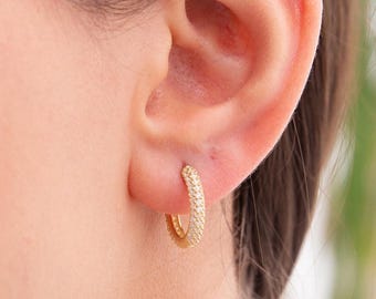 Mini Hoop Earrings Sterling Silver, Zircon Pave Huggie Hoops, Small Sparkly Hoop Earrings, Dainty Everyday Jewelry, Gift for Her