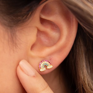 Rainbow Stud Earrings: 925 Sterling Silver, 14K Gold Plated