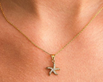Vergulde zeesterketting: 925 sterlingzilver, zirkoonstenen