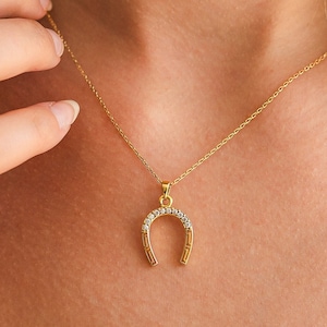 14K Gold Horseshoe Necklace: Sterling Silver Luck Pendant with Zircon