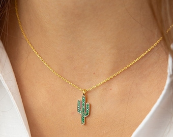 Sterling Silver Cactus Necklace: 14K Gold Plated Desert Jewelry