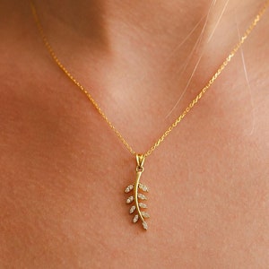 14K Gold Olive Branch Necklace: Sterling Silver Leaf Pendant
