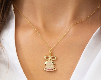 Christmas Bell Necklace 14K Gold, Jingle Bell Pendant with Zircon, Holiday Necklace, Stocking Stuffer for Her, Christmas Jewelry Gift