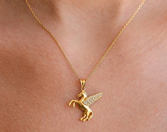 Pegasus Necklace 14K Gold Plated Sterling Silver, Zircon Winged Horse Pendant, Greek Mythology Gift, Horse Lover Gift, Fantasy Gift for Her