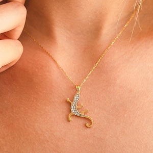 Gold Plated Salamander Necklace: Sterling Silver Reptile Pendant with Zircon
