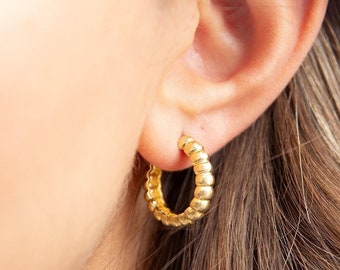Croissant Hoop Earrings 14K Gold, Rose Gold & Sterling Silver, Chunky Dome Hoops, Puffy Bubble Earrings, Trendy Statement Gift for Her