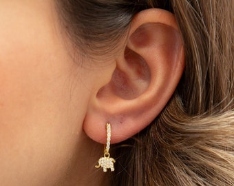 Elephant Earrings • 14K Gold Plated • Elephant Jewelry • Animal Jewelry • Elephant Dangles • Minimalist Jewelry • Gift for Her