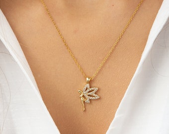 Fairy Necklace 14K Gold, Fairy Pendant with Zircon Wings, Sterling Silver Fairy Jewelry, Fairycore Necklace, Fae Gift, Fantasy Lover Gift