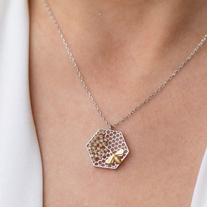 Honeycomb Necklace Beehive Pendant Honeycomb Pendant Beehive Necklace 925 Silver 14K Gold Plated Gift for Her image 1