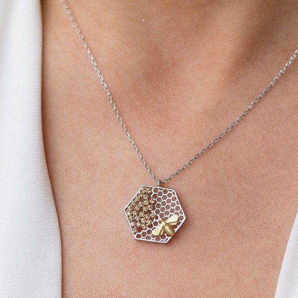 Honeycomb Necklace • Beehive Pendant • Honeycomb Pendant • Beehive Necklace • 925 Silver • 14K Gold Plated • Gift for Her