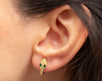 Snake Earrings 14K Gold Plated Sterling Silver, Green Zircon Serpent Hoops, Snake Huggie Earrings, Edgy Jewelry, Witchy Gift for Her
