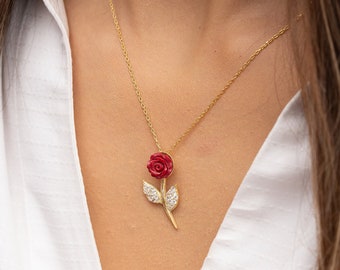 Sterling Silver Red Rose Pendant Necklace: 14K Gold Plated Floral Jewelry