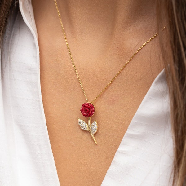 Rose Necklace • Rose Pendant • Floral Necklace • Flower Jewelry • Red Rose Necklace • Red Rose Pendant • Handmade Gifts • Gift for Her