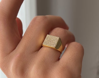 Chevalière carrée • Bague carrée • Plaqué or 14 carats • Argent 925 • Bague faite main • Bague minimaliste • Cadeau pour elle • Cadeau pour lui