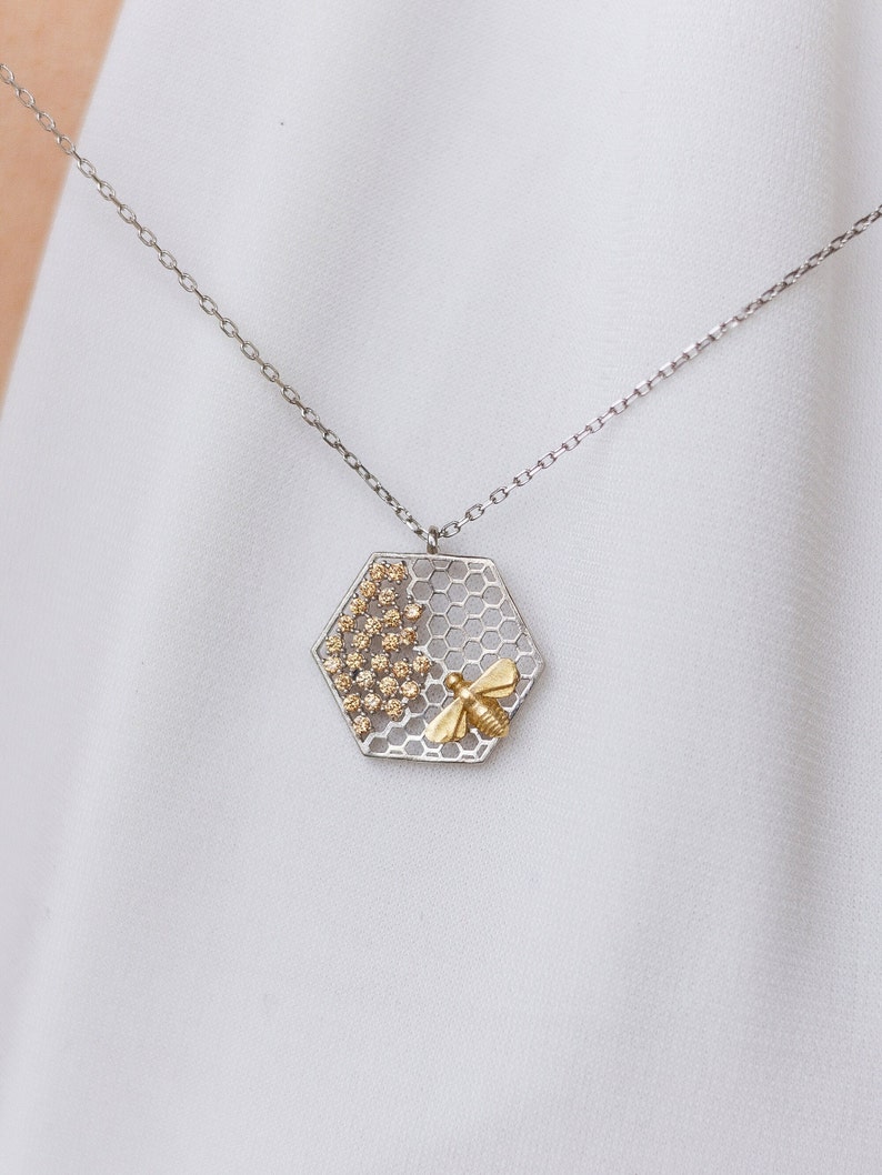 Honeycomb Necklace Beehive Pendant Honeycomb Pendant Beehive Necklace 925 Silver 14K Gold Plated Gift for Her image 2