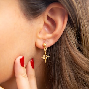 North Star Earrings North Star Dangles Celestial Earrings 14K Gold Plated 925 Silver Star Dangle Drop Earrings Gift for Her 画像 5