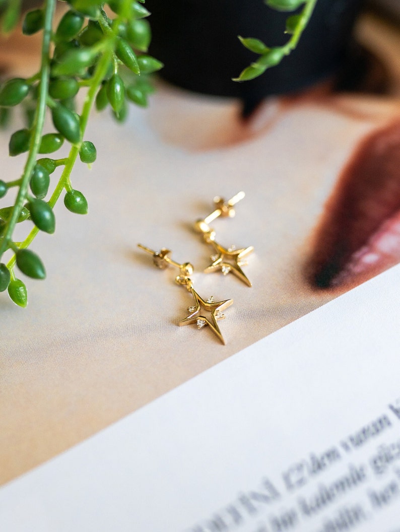 North Star Earrings North Star Dangles Celestial Earrings 14K Gold Plated 925 Silver Star Dangle Drop Earrings Gift for Her Gold