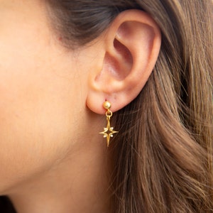 North Star Earrings North Star Dangles Celestial Earrings 14K Gold Plated 925 Silver Star Dangle Drop Earrings Gift for Her 画像 6