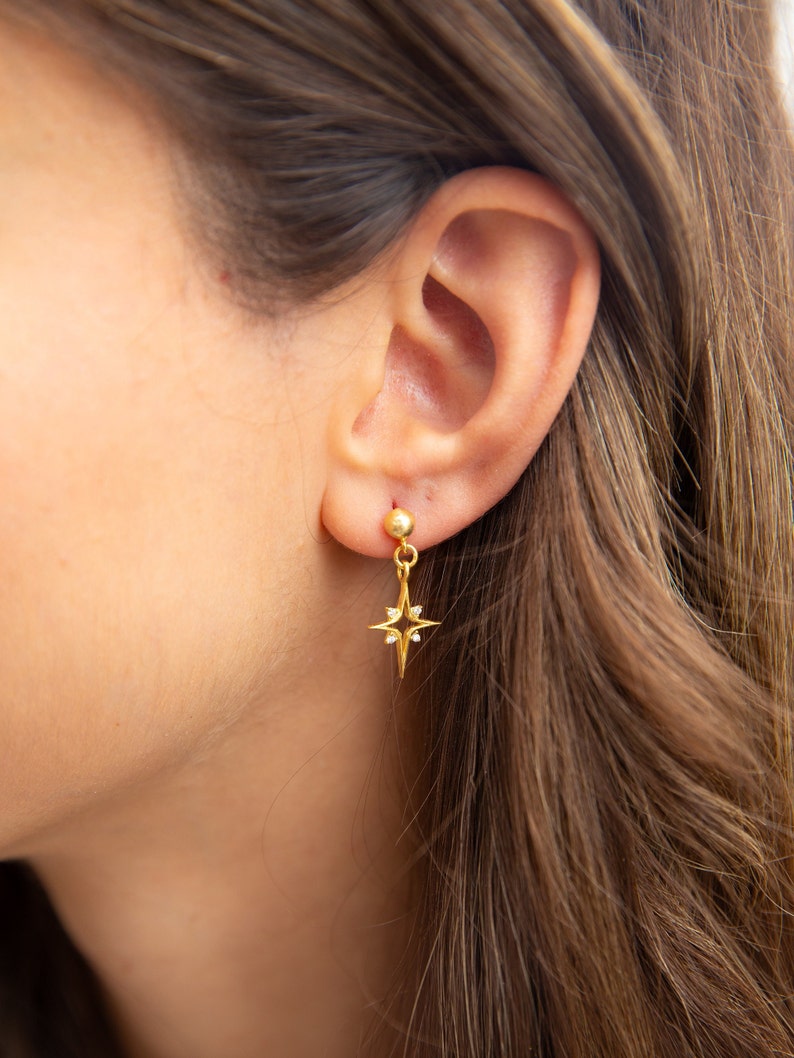 North Star Earrings North Star Dangles Celestial Earrings 14K Gold Plated 925 Silver Star Dangle Drop Earrings Gift for Her 画像 6