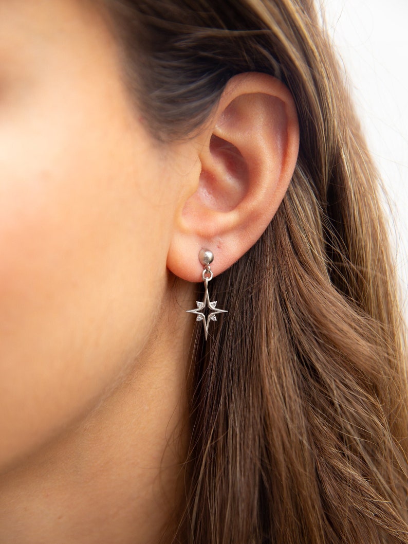 North Star Earrings North Star Dangles Celestial Earrings 14K Gold Plated 925 Silver Star Dangle Drop Earrings Gift for Her image 1