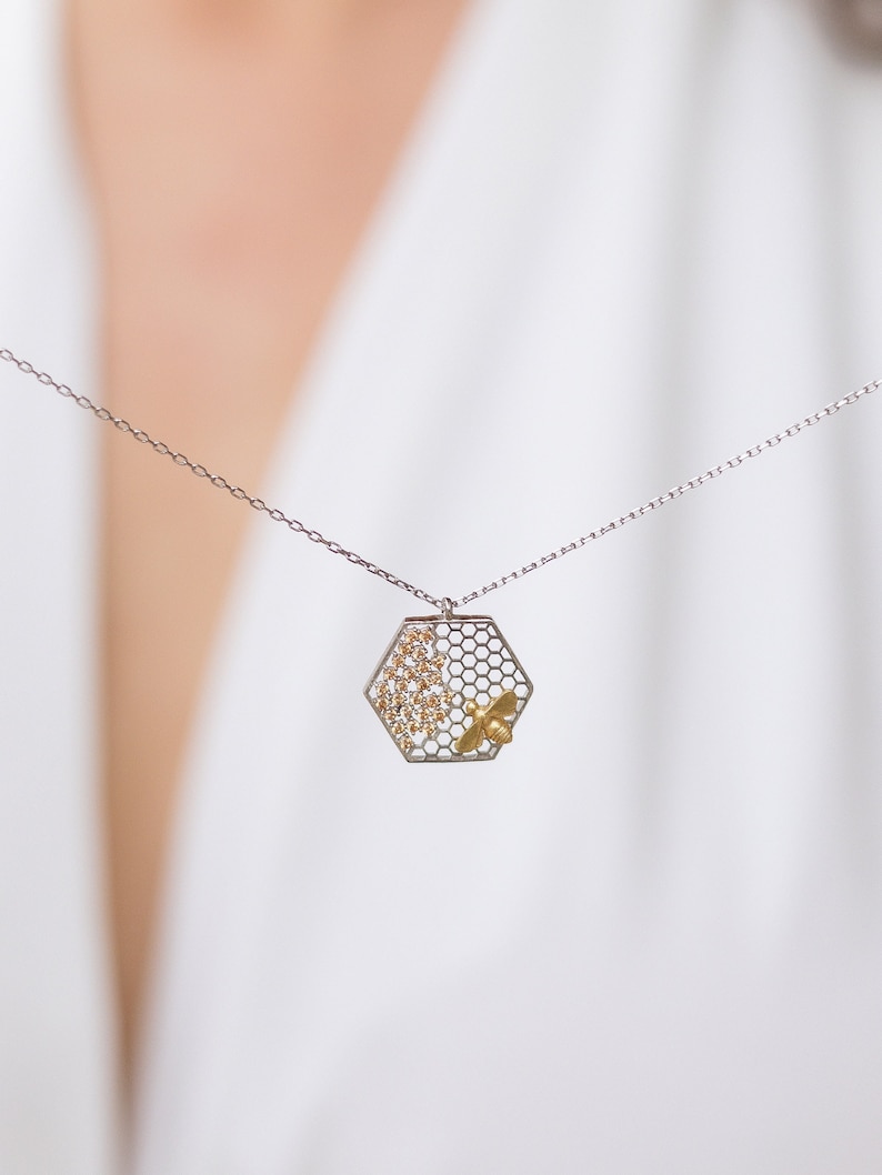 Honeycomb Necklace Beehive Pendant Honeycomb Pendant Beehive Necklace 925 Silver 14K Gold Plated Gift for Her image 4