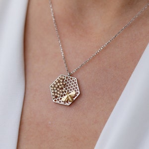 Honeycomb Necklace Beehive Pendant Honeycomb Pendant Beehive Necklace 925 Silver 14K Gold Plated Gift for Her image 6