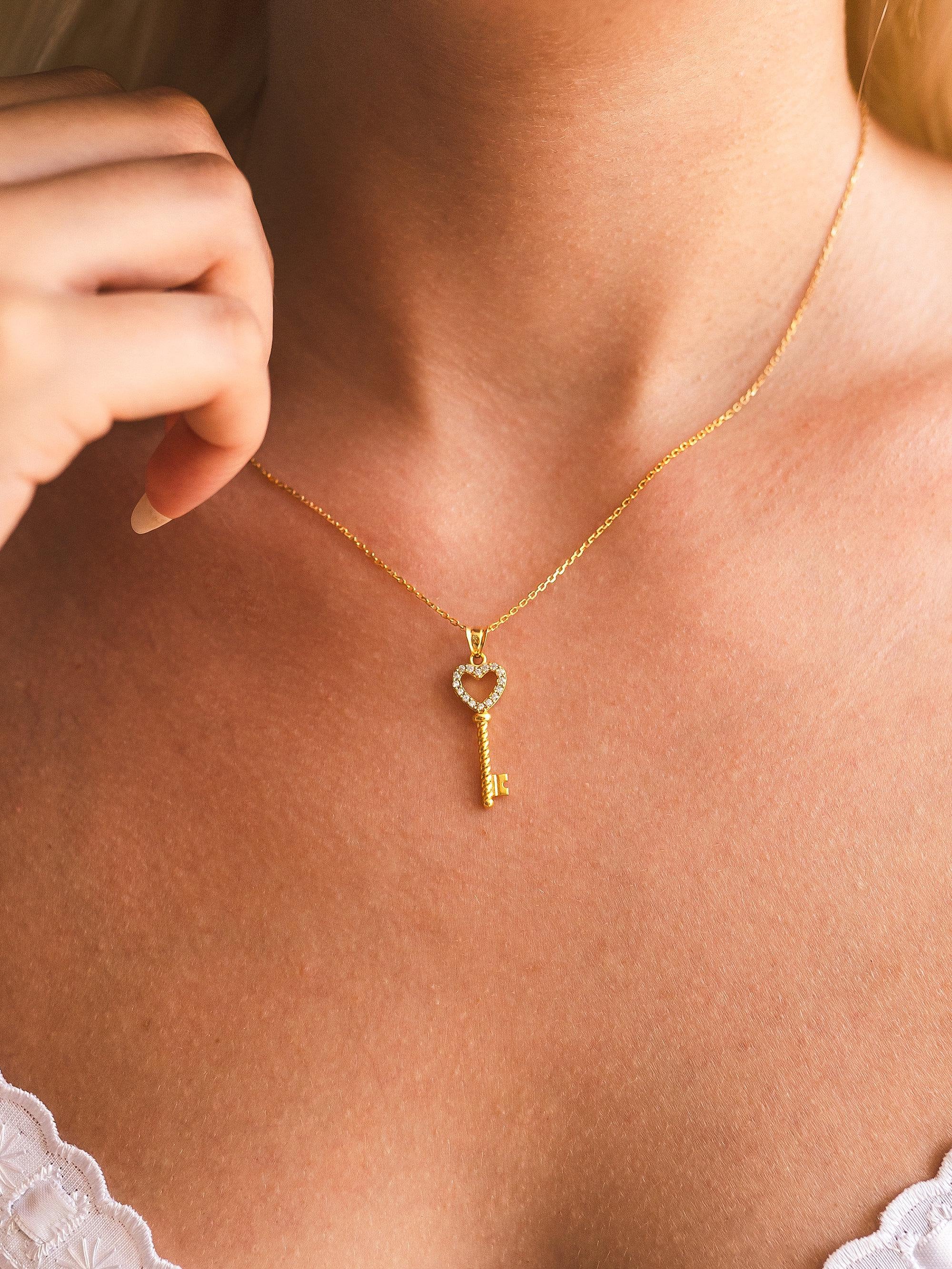 Gold Plated Key Necklace With Love Knot Pendant - Adjustable Chain, Minimalist Jewelry For Women