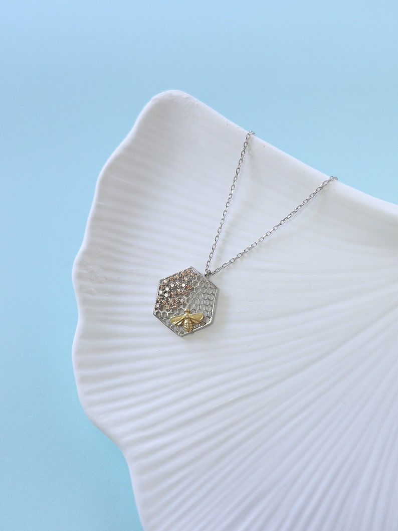 Honeycomb Necklace Beehive Pendant Honeycomb Pendant Beehive Necklace 925 Silver 14K Gold Plated Gift for Her image 7