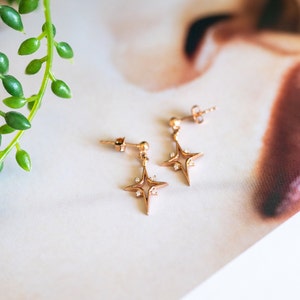 North Star Earrings North Star Dangles Celestial Earrings 14K Gold Plated 925 Silver Star Dangle Drop Earrings Gift for Her Rose gold