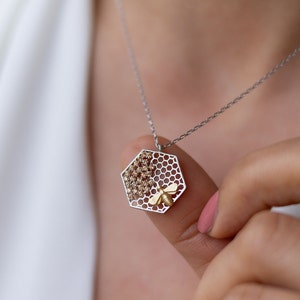 Honeycomb Necklace Beehive Pendant Honeycomb Pendant Beehive Necklace 925 Silver 14K Gold Plated Gift for Her image 8