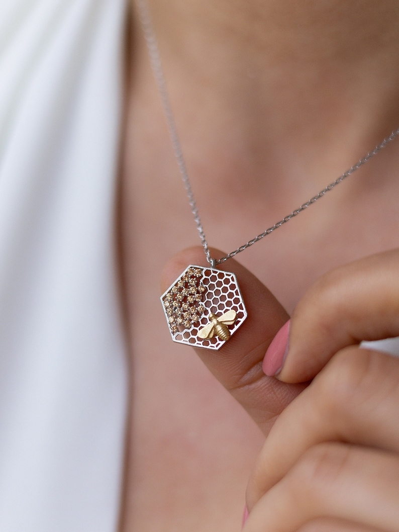Honeycomb Necklace Beehive Pendant Honeycomb Pendant Beehive Necklace 925 Silver 14K Gold Plated Gift for Her image 8